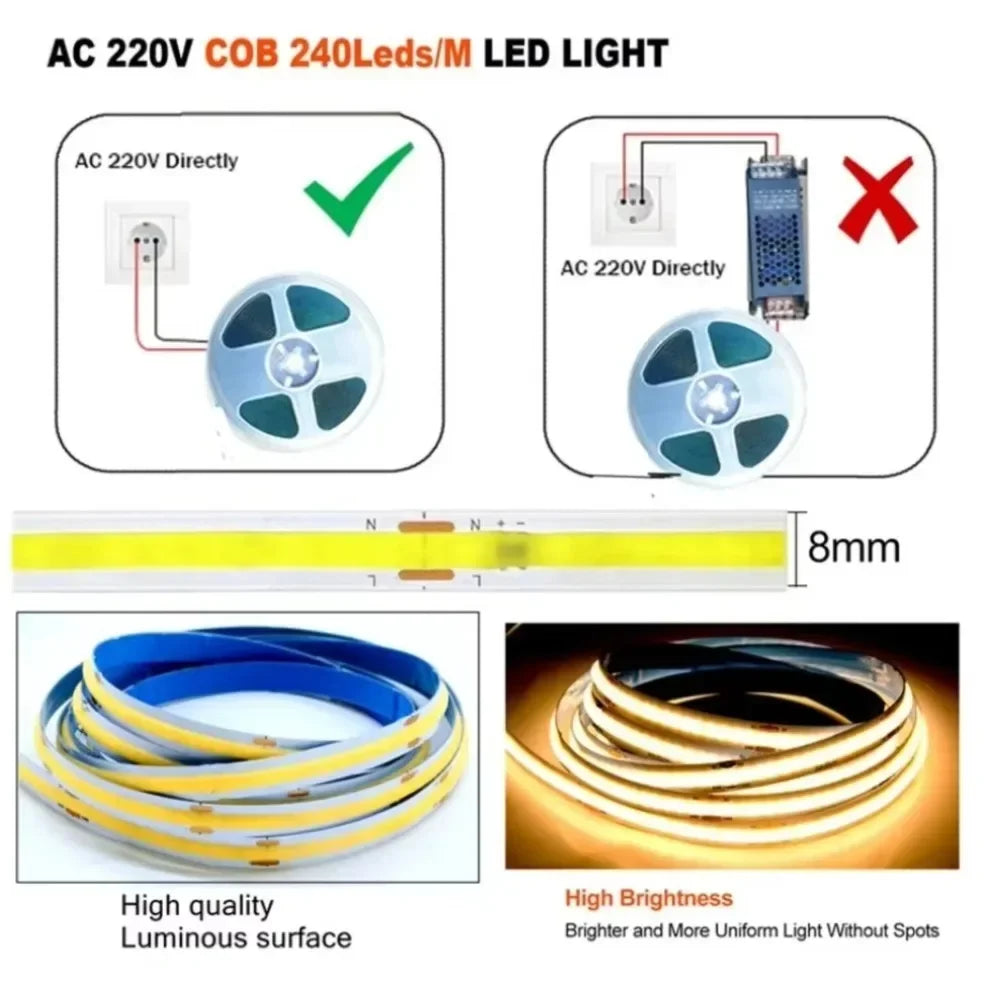 Striscia LED COB 220V 240 LED/m, luce bianca 3000-6000K, flessibile 5m