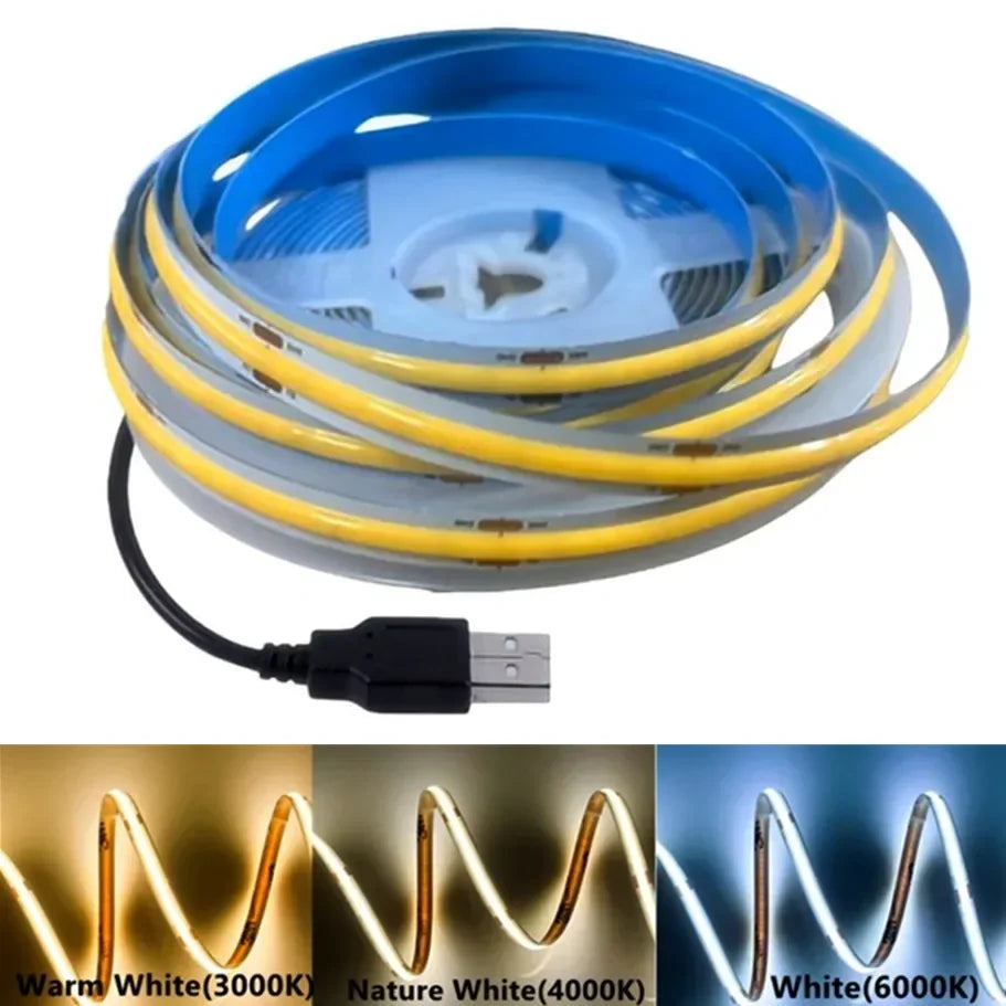 Striscia LED COB 5V 320 LED/m USB, 3000‑6000K, CRI >90, fino a 5 m