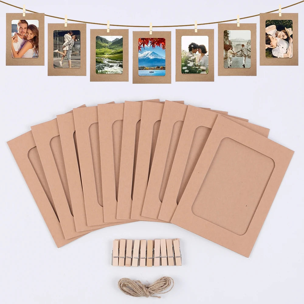 Set 10 Cornici Foto Carta con Clip Legno e Corda per Decorazione Muro