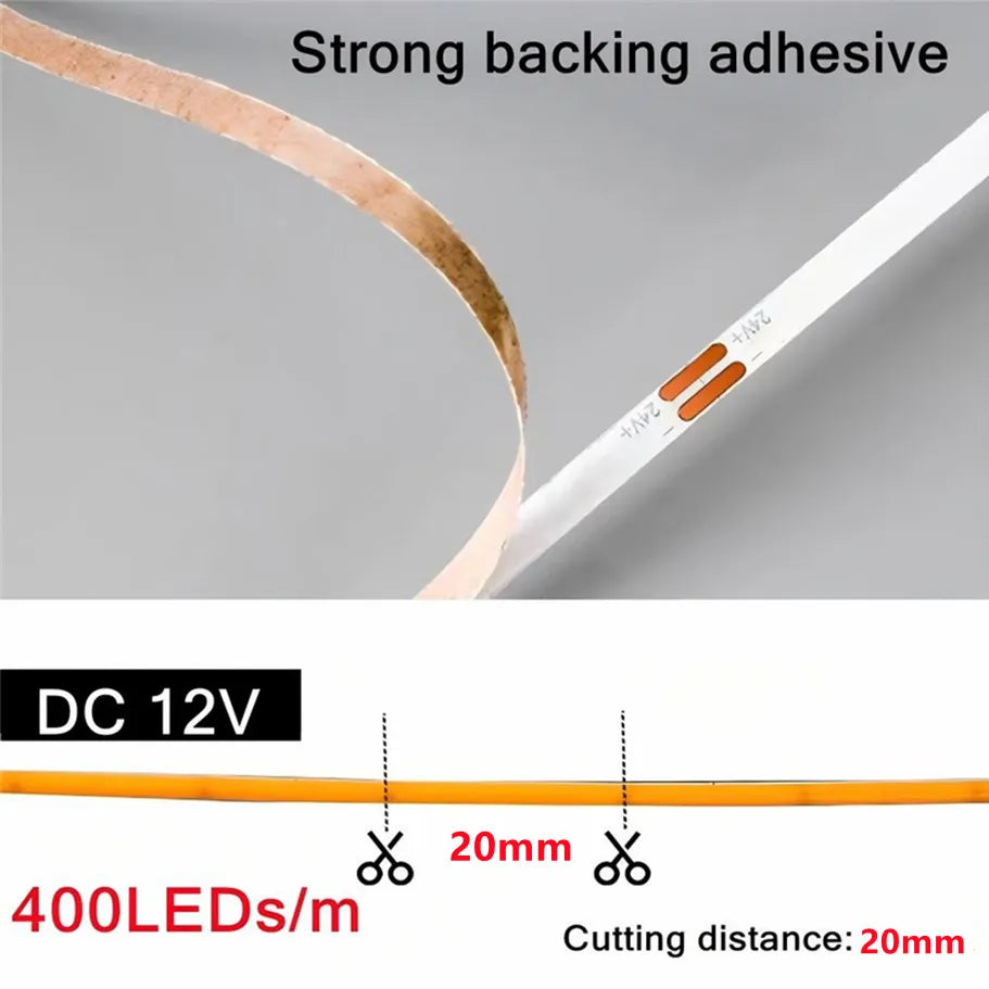 Striscia LED COB Ultra Sottile 12V 400 LED/m, Dimmabile, 3mm, Colori Multipli