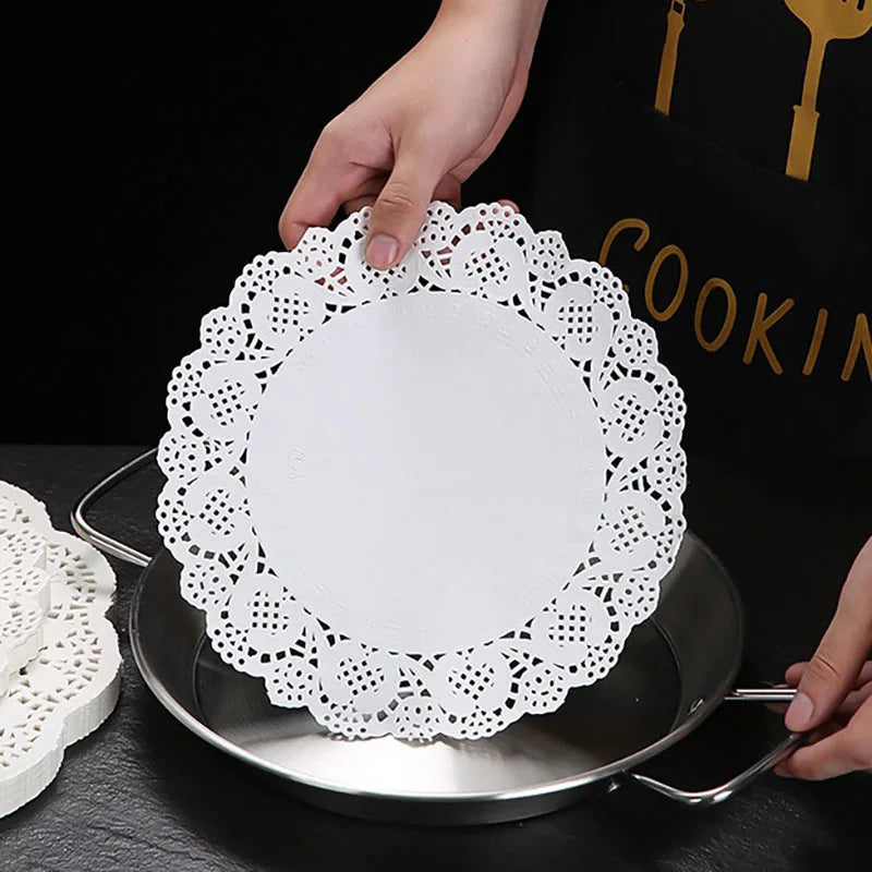 150 white lace paper placemats for table décor, weddings and events