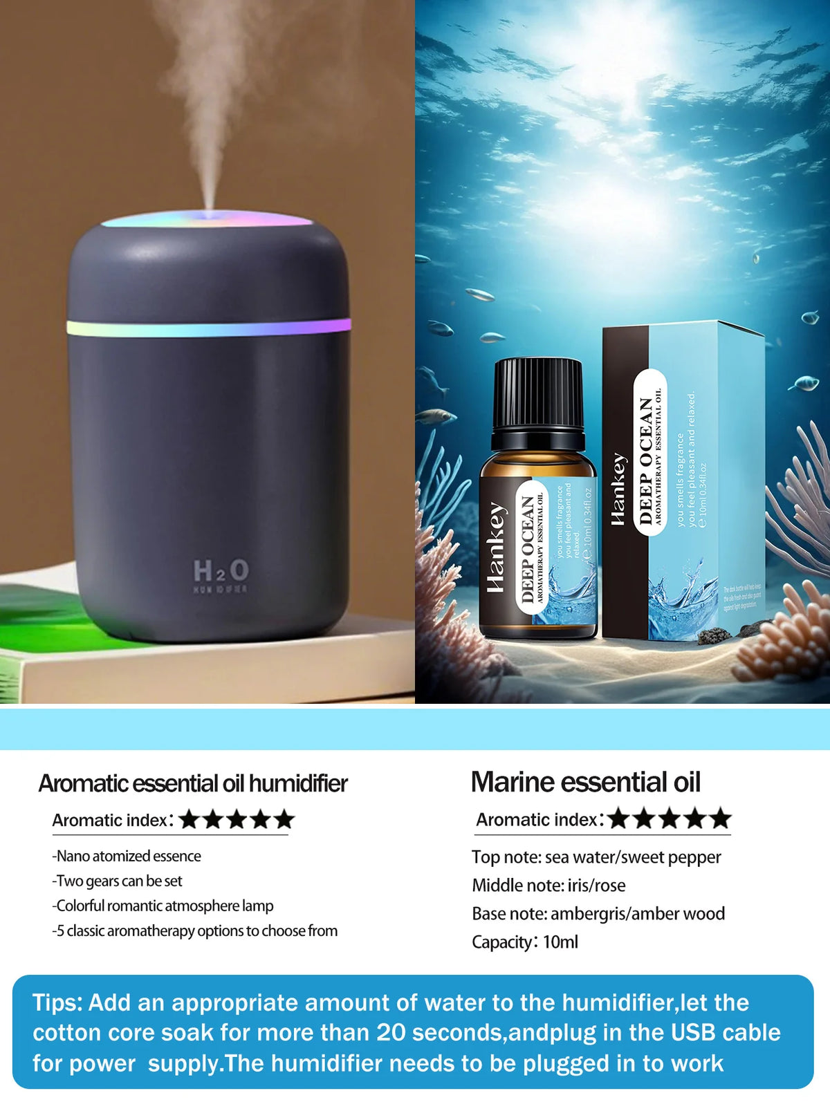 Diffusore Aromaterapico 300ml USB Luce a 7 Colori, Umidificatore per Casa e Auto