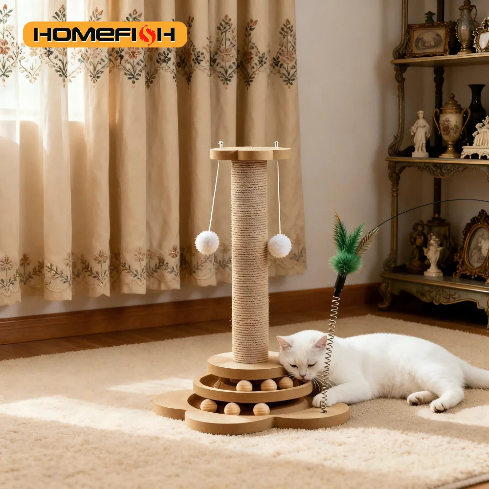 Gioco Gatto in Legno con Disco Rotante e Palline – Tappetino Graffiabile Sisal