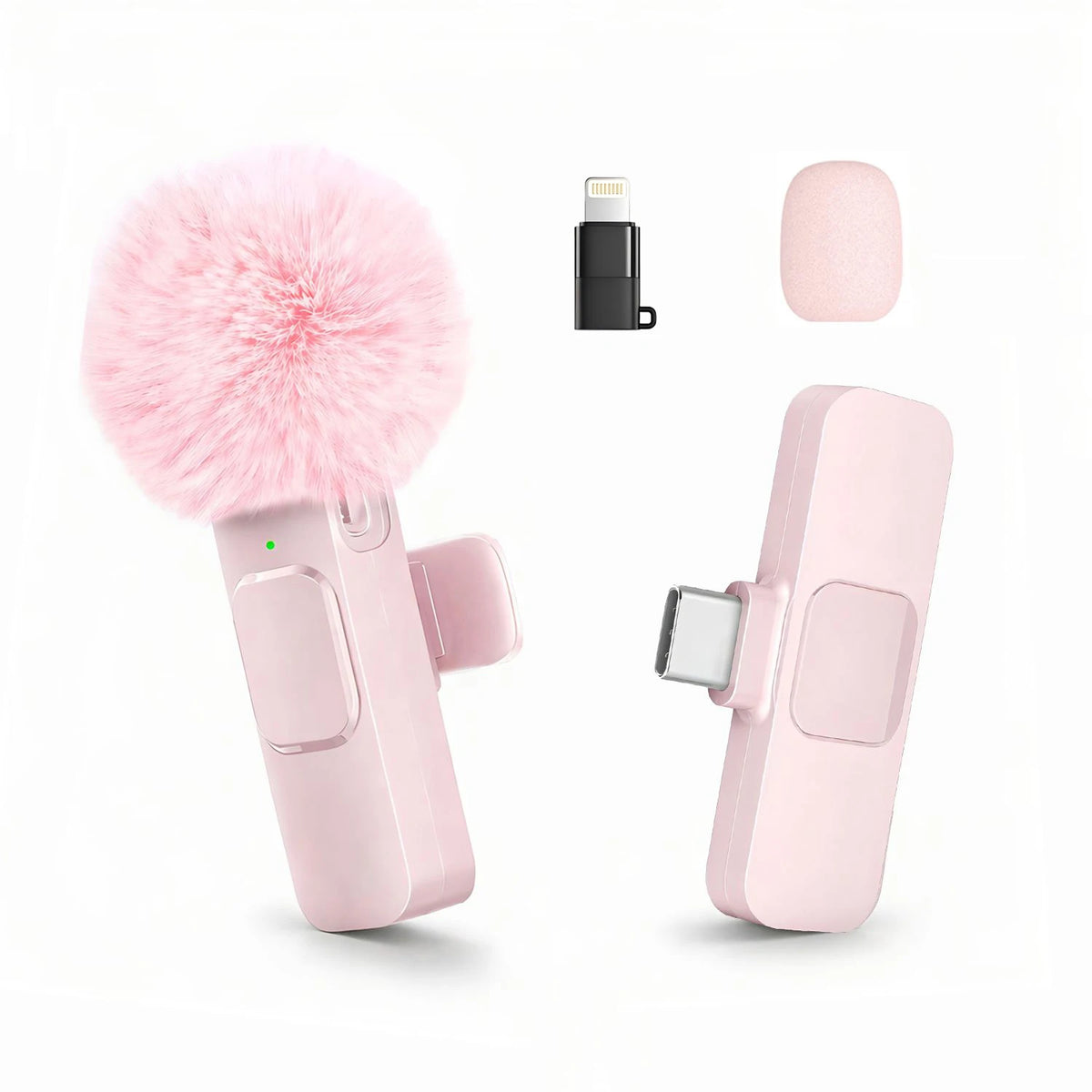 Wireless Mini Lavalier Clip Mic with Furry Windscreen, Dual‑Port Type‑C & Lightning Adapter for iPhone, Android, Tablets, Laptop