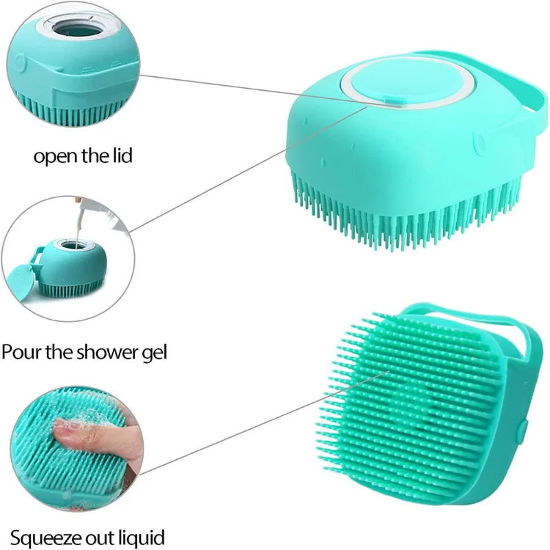 Spazzola in silicone morbido per cani e gatti – massaggio e dispenser shampoo