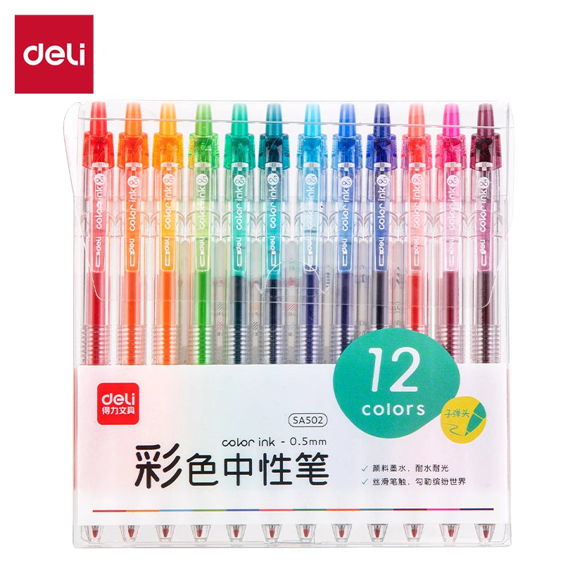 Set Penne Gel Deli 0.5mm da 6/12 Colori per Scuola e Ufficio