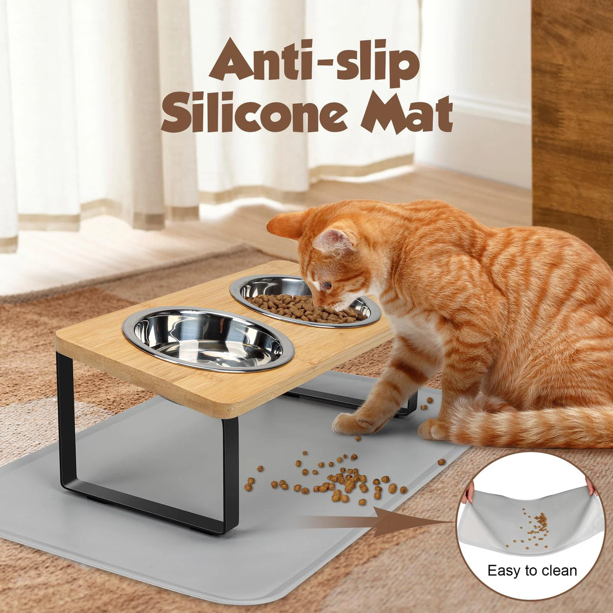 Ciotole elevate per gatto con vassoio antiscivolo, 15° inclinato, 2 ciotole inox