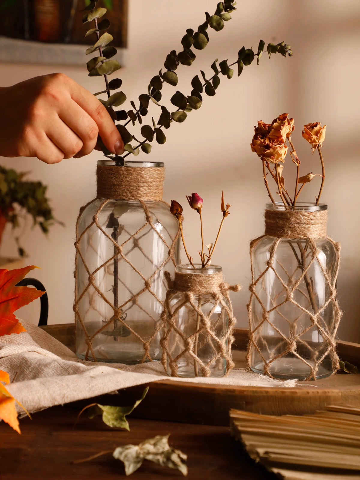 Rustic Hanging Glass Vase Rope Net Dry Flower Glass Vase with Art Hemp Rope  Home Transparent Living Room Decor Table Decoration