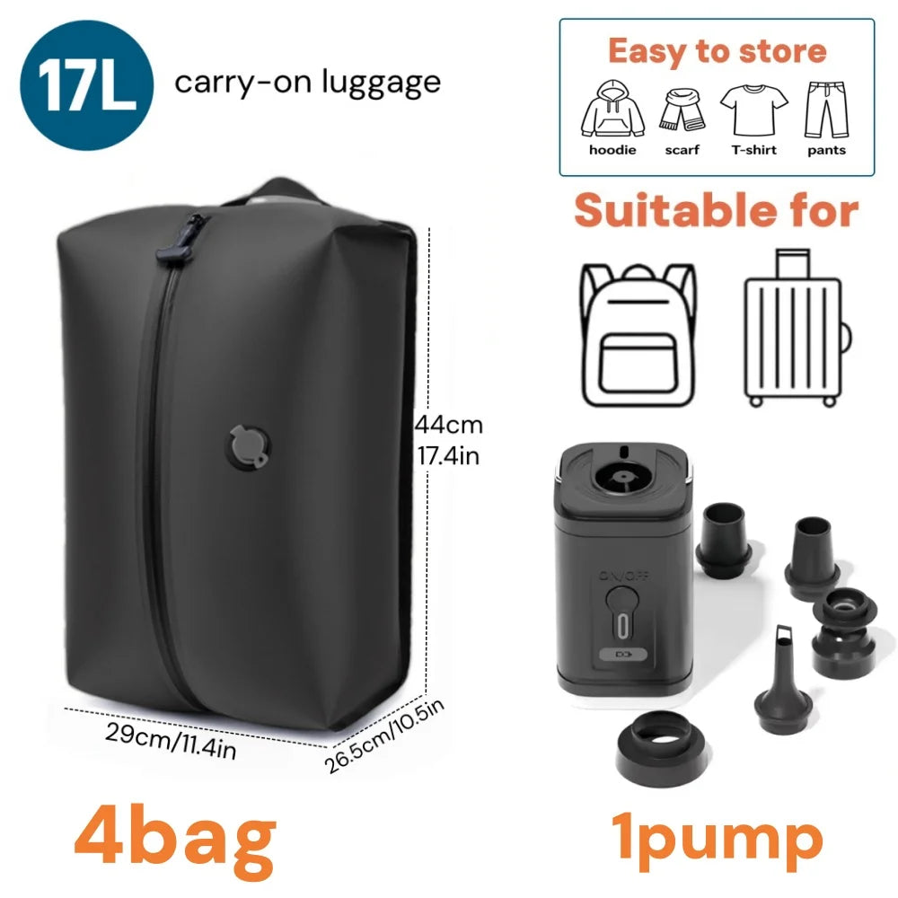 Vacuum Storage Bags for Travel, IP67 Waterproof Compression Packing Cubes 17L 34L Space Saver Suitcase Organizer for Clothes Bag