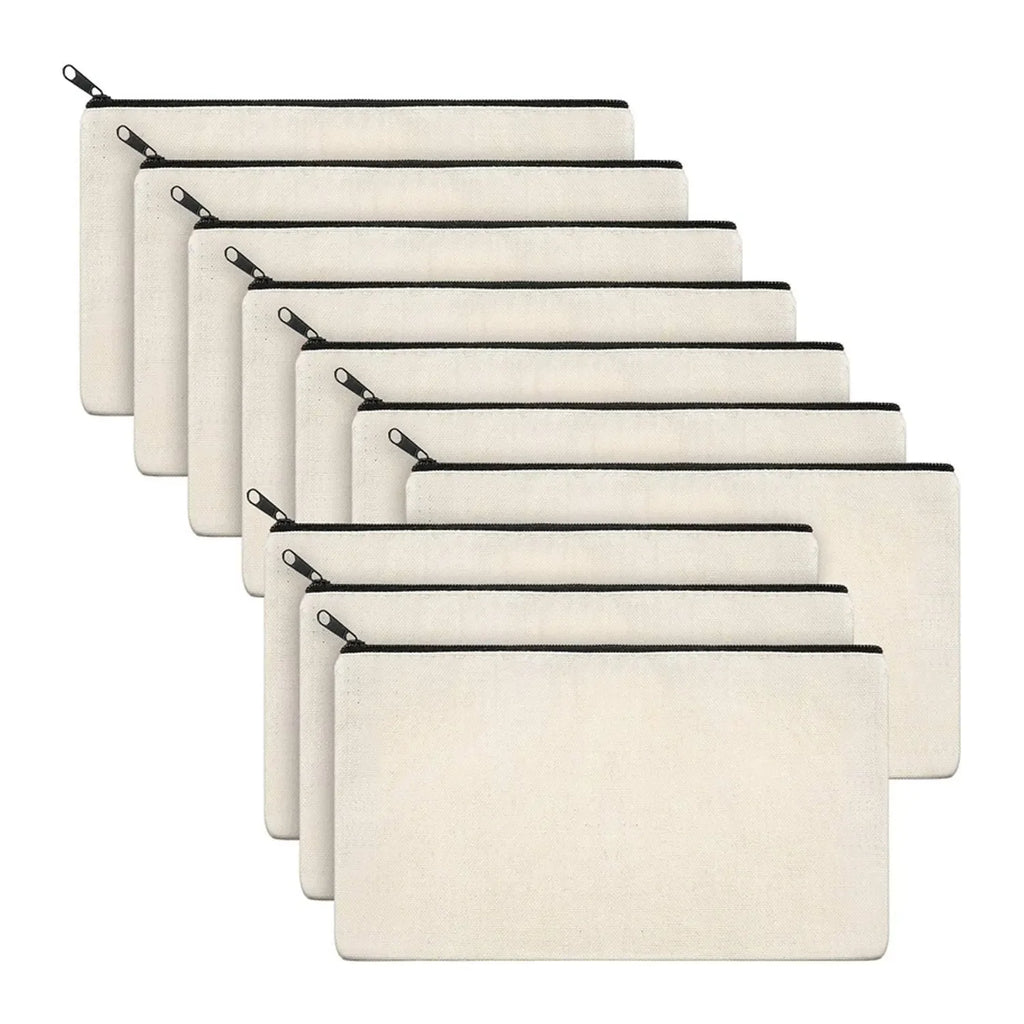 Set da 10 Borse in Canvas Beige con Cerniera – Porta Matite, Trucco e Accessori