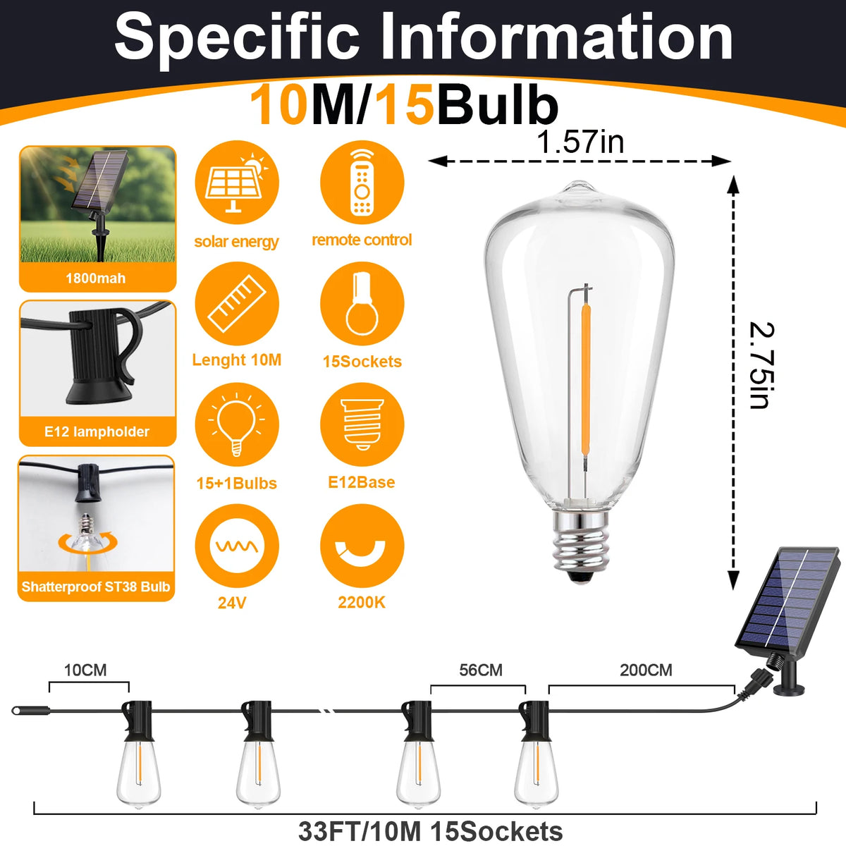 Luci a LED solari G40 con telecomando, ricarica USB, 8 modalità, impermeabili