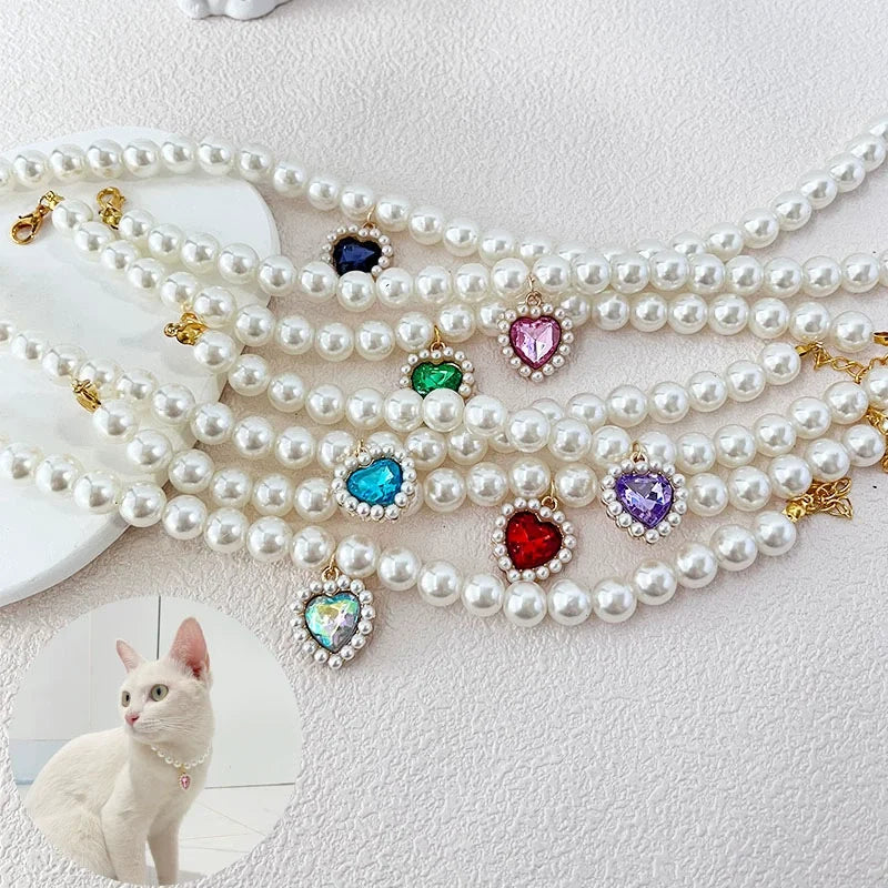 Collarino con Ciondolo a Cuore e Perla Falsa per Gatti e Cani – Fashion