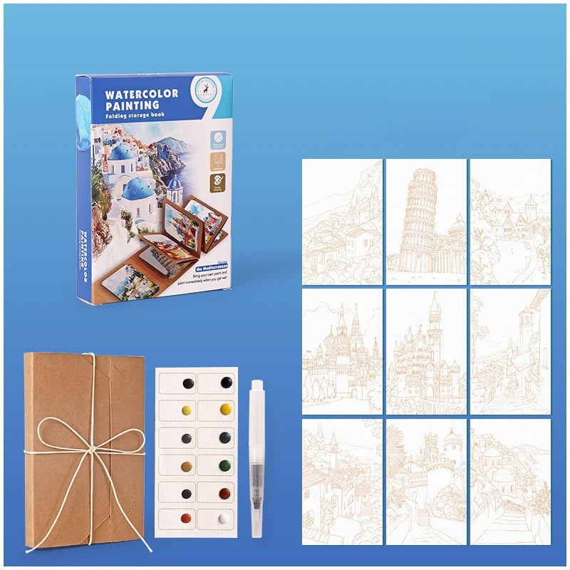 9 Sheets/Set Watercolor Painting Set, Thick Watercolor Folding Storage Book with a Pen, Holiday Birthday Gift, Party Gift
