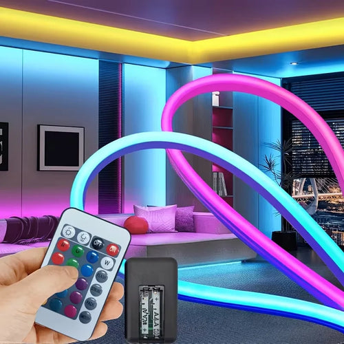 1 roll of low‑voltage 5 V flexible RGB color‑changing neon LED light strip, USB interface, with a 24‑key multifunction controller; can switch colors and adjust brightness, suitable for gaming and electric‑car decoration.
