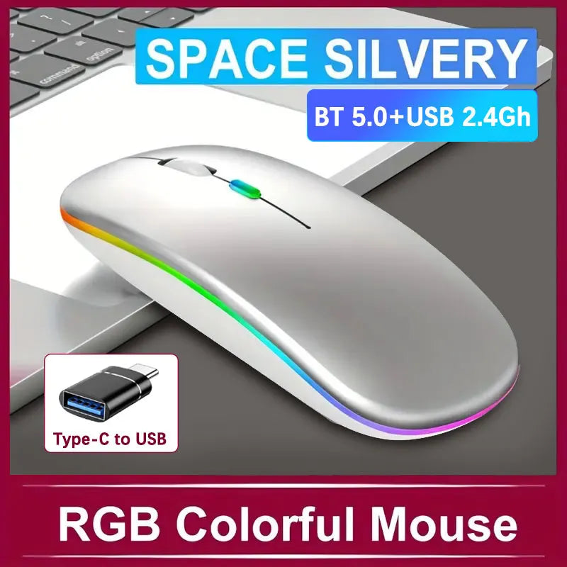 Wireless Rechargeable Mouse With LED Backlight  Bluetooth With Type-C Adapter Gaming Mouse Suitable For MAC/Laptop/PC/Windows