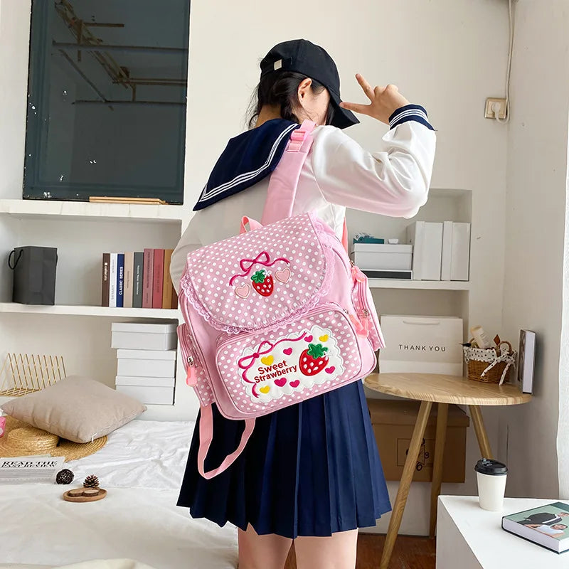 Sac à dos scolaire pour enfant, broderie fraise rose, cadeau d'anniversaire pour élève, nouveau cartable japonais dessin animé rose 2026