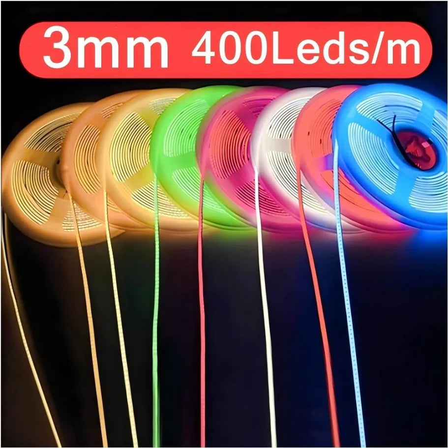 Striscia LED COB Ultra Sottile 12V 400 LED/m, Dimmabile, 3mm, Colori Multipli