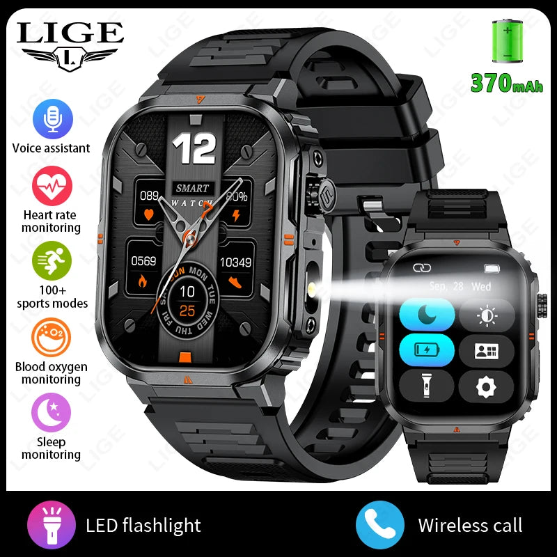 Smartwatch sportivo 2.01\" HD con chiamata, assistente vocale, torcia - IP68