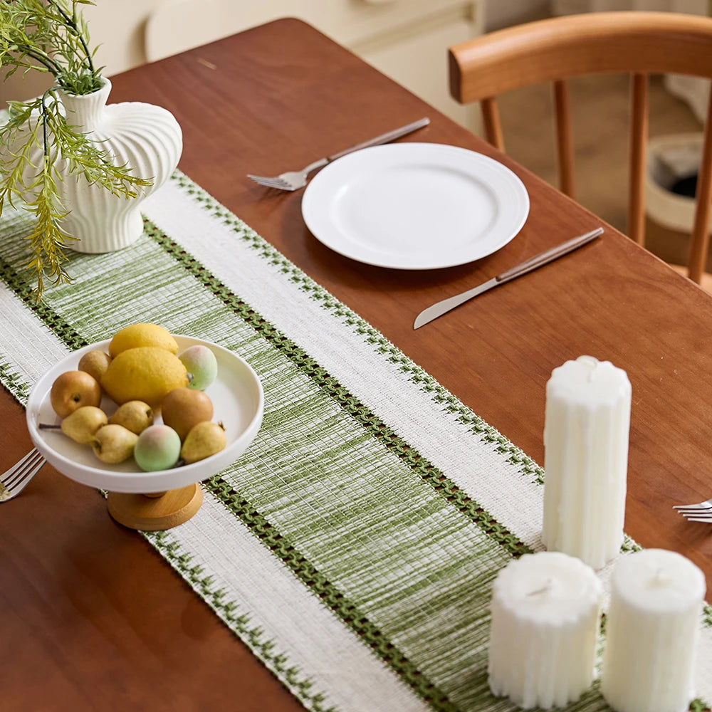 Green Boho Striped Green Table Runner - Hand - Woven Tassels, Ideal for Spring Tables, Round Coffee Tables & Rustic Home Decor
