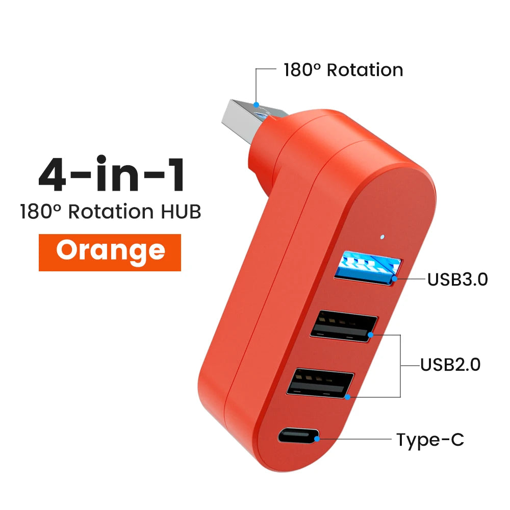 Hub USB 4 porte 180° rotante con Type‑C, USB 3.0 e USB 2.0 – alta velocità