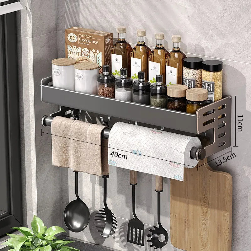 Wall Mount Utensil Holder Multifunctional Spice Organizer Shelf with Hooks Kitchen Hanging Storage Wall Shelf