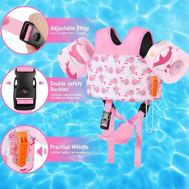 Gilet de natation pour tout-petits, brassards de natation pour enfants 7 à 32 kg, flotteurs de piscine à motifs avec sangle d'entrejambe pour enfants