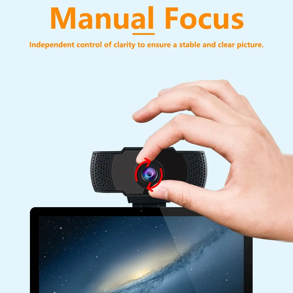 Webcam Full HD 1080P con microfono, auto‑focus e luce LED – USB Plug‑and‑Play