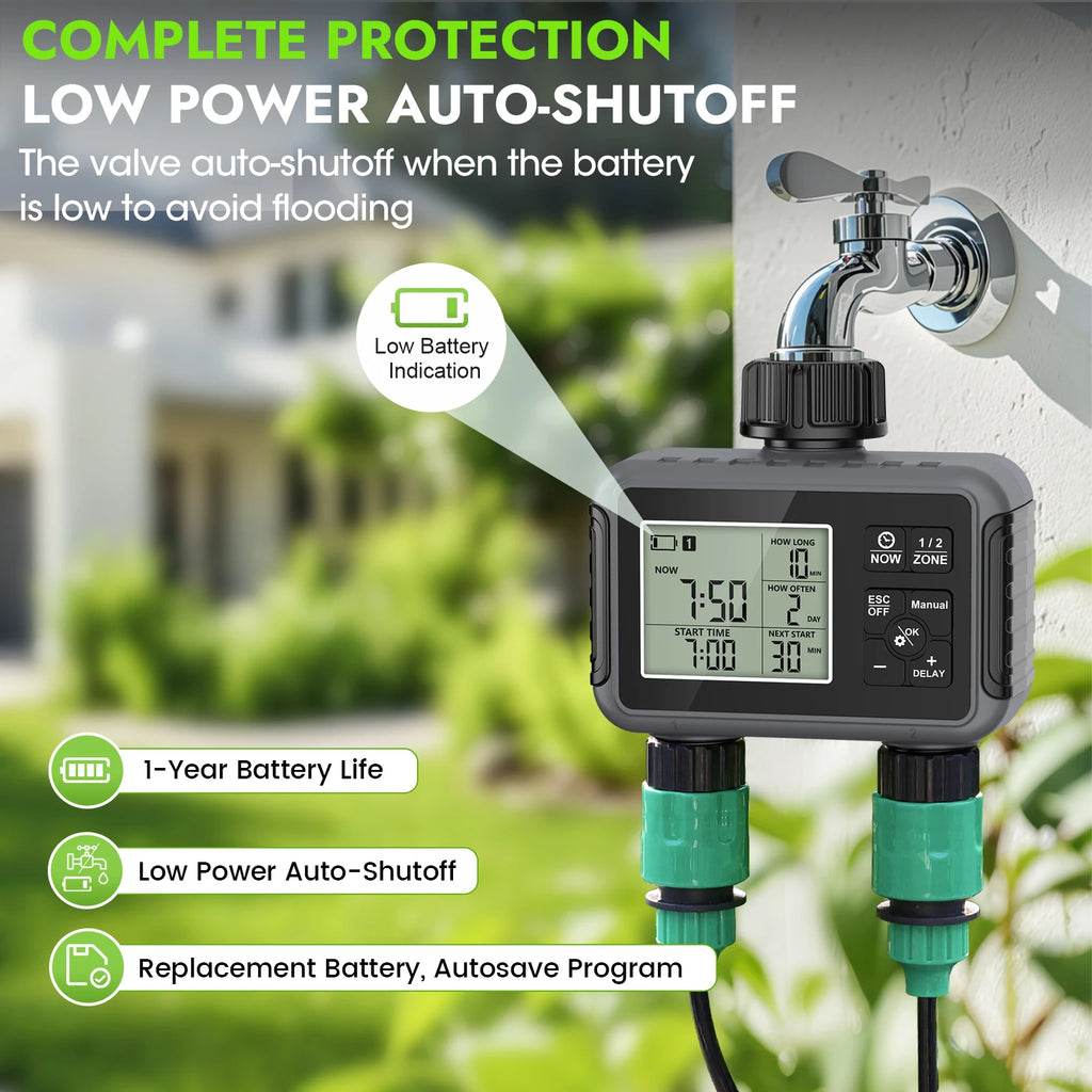 Timer 2 zone per irrigazione – risparmio acqua, modalità auto, manuale, pioggia