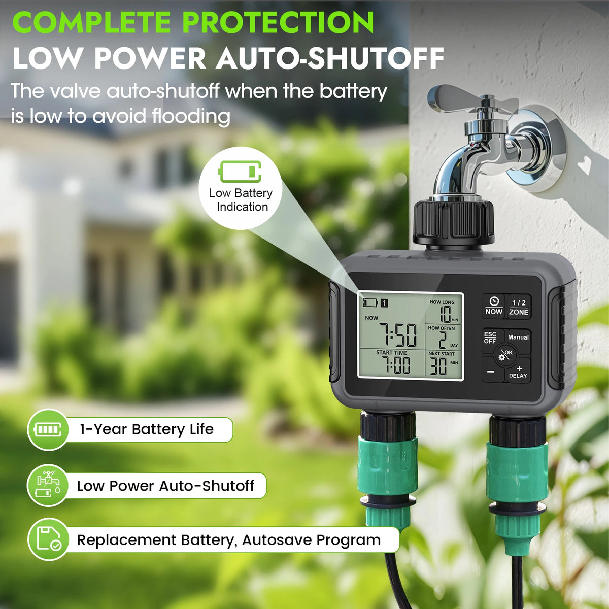 Timer 2 zone per irrigazione – risparmio acqua, modalità auto, manuale, pioggia