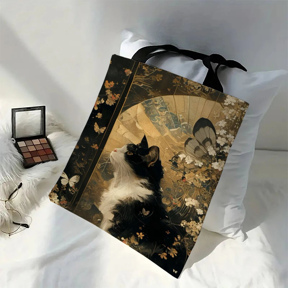 Borsa tote quadrata in lino bianco e nero con stampa gatto – shopper…