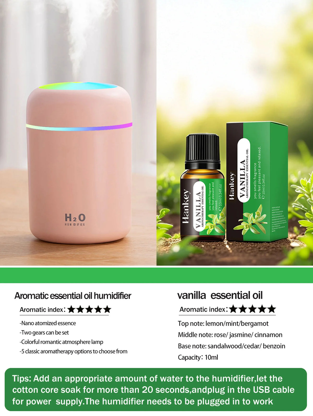 Diffusore Aromaterapico 300ml USB Luce a 7 Colori, Umidificatore per Casa e Auto