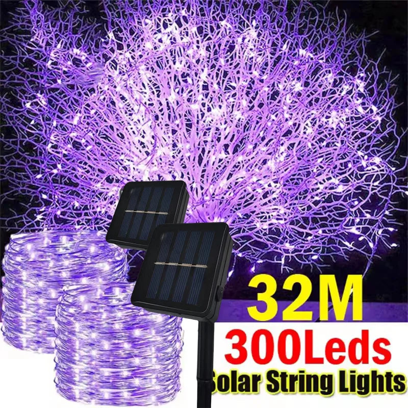 Catena luminosa solare esterna, 300 LED, 8 modalità, filo di rame flessibile