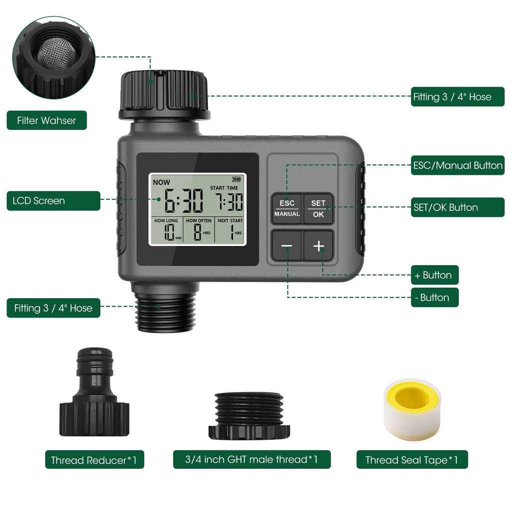 Timer automatico per irrigazione con LCD, impermeabile IPX7, programmazione