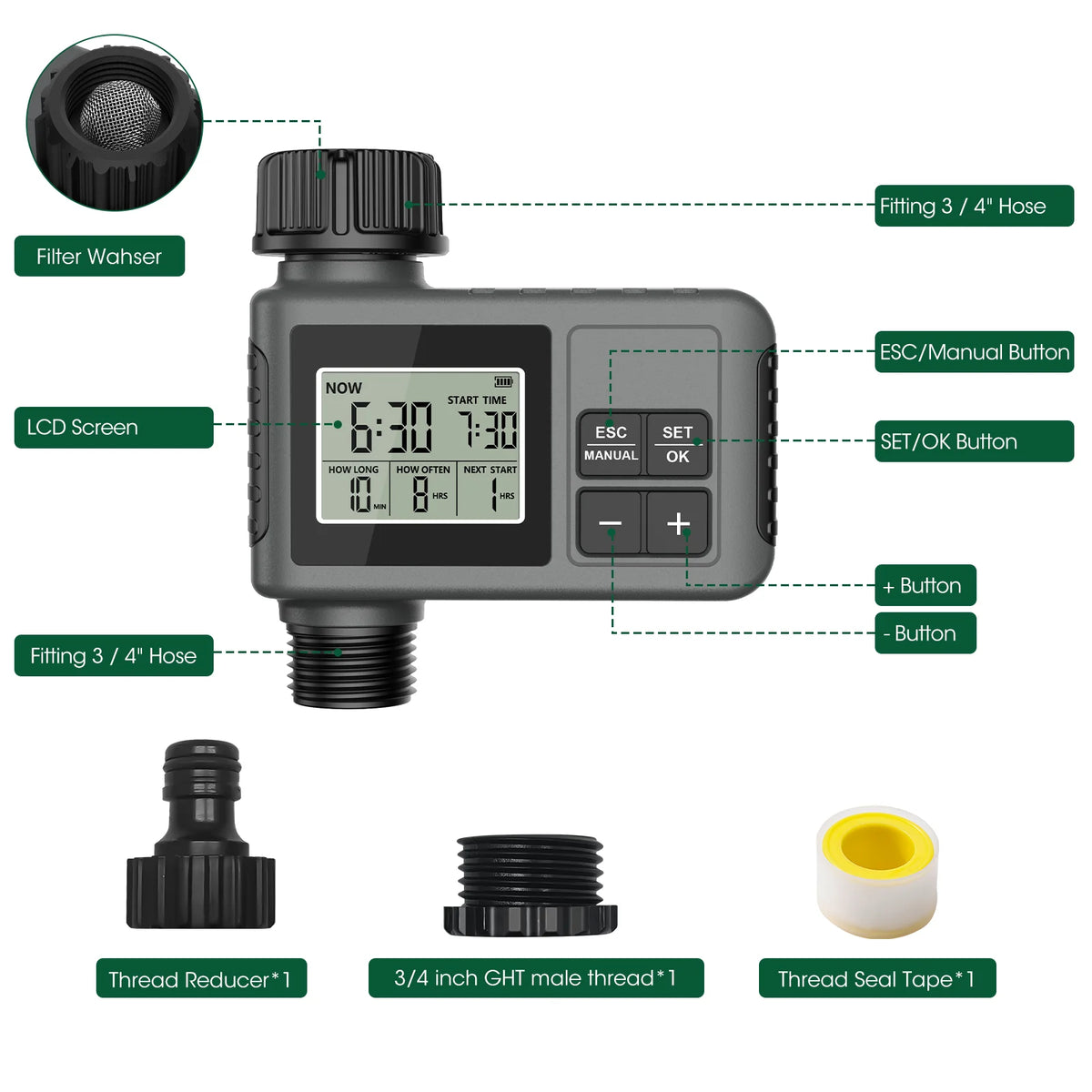 Timer automatico per irrigazione con LCD, impermeabile IPX7, programmazione