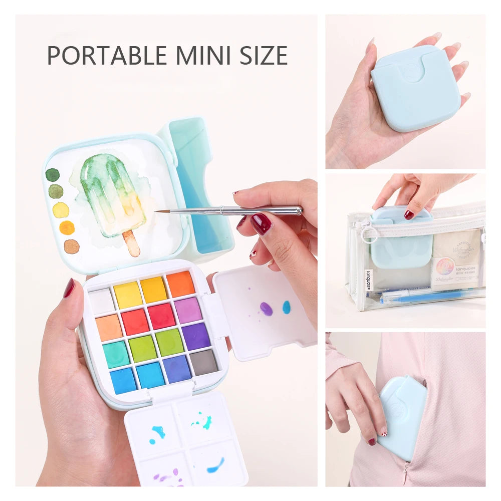 Set portatile di acquerelli solidi 16 colori con pennello e tavolozza