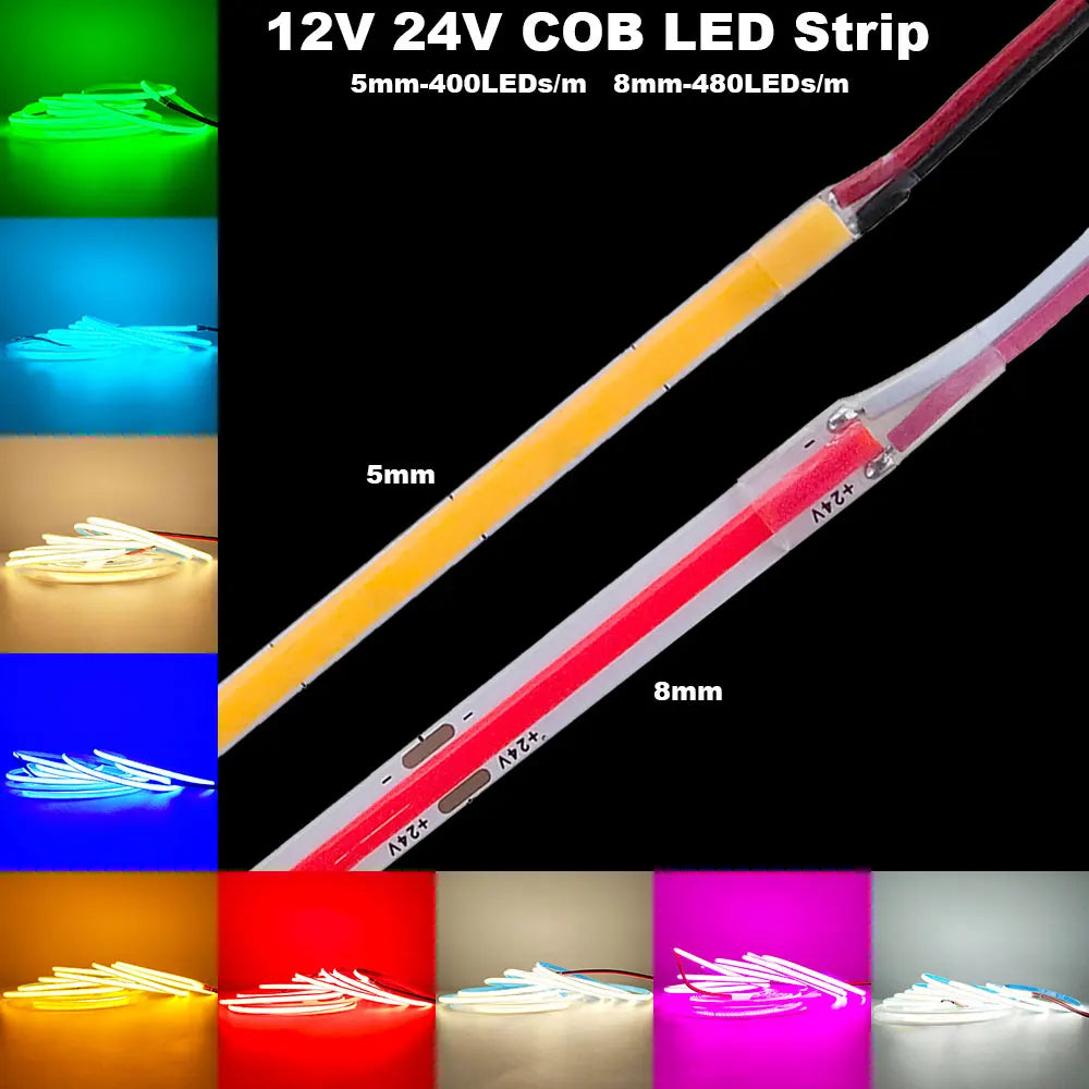 12V 24V COB LED Strip 5mm/8mm PCB 400/480LEDs/m Flexible Red/Green/Blue/Pink/Ice Blue/Yellow Led Strip For Home Decor LED Lights