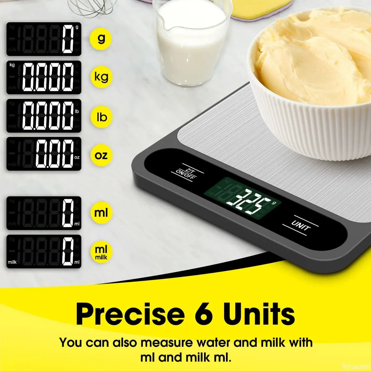Bilancia da cucina digitale 15 kg, precisione 1 g, ricarica USB, display LED
