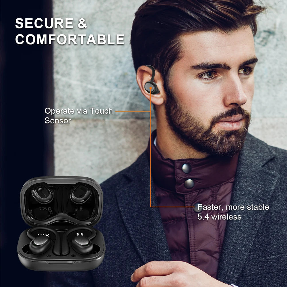 Cuffie true wireless sport con microfono, suono Hi‑Fi e design a gancio
