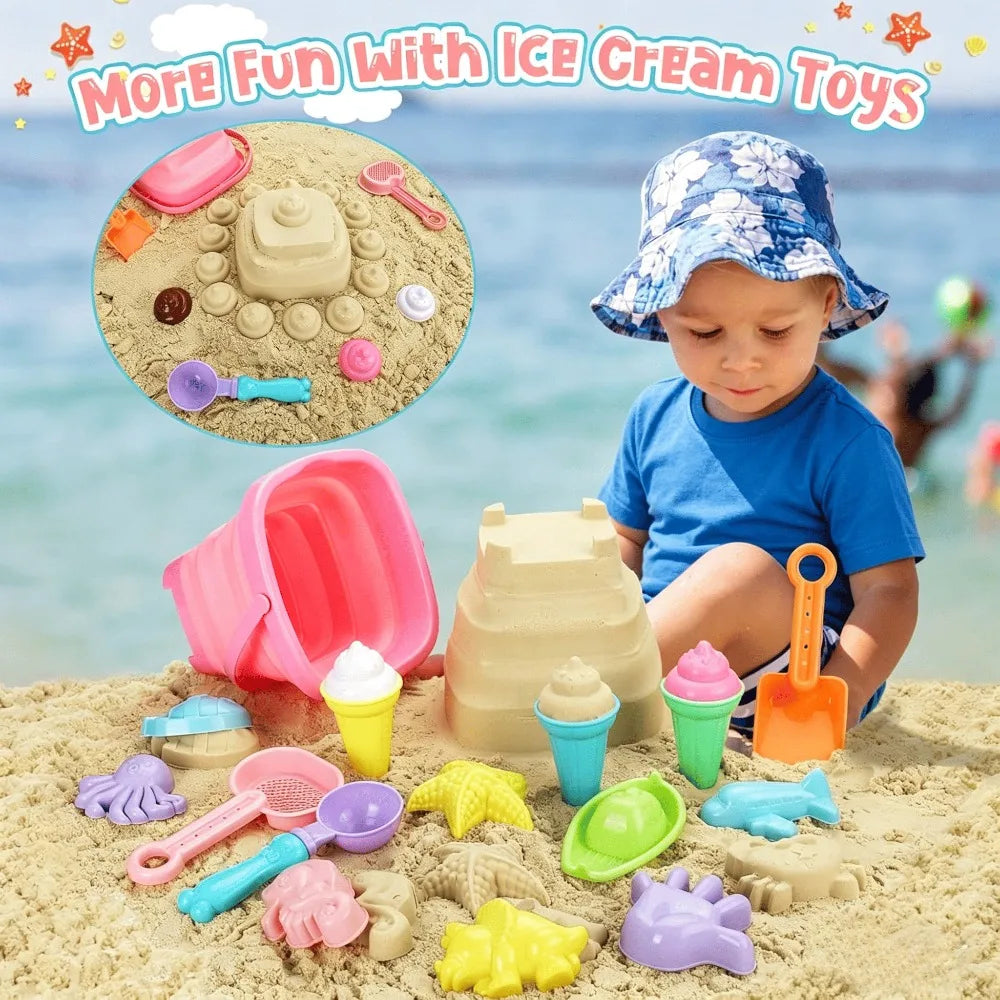 Set Spiaggia 20 Pezzi per Bambini: Secchiello Pieghevole, Palette, Stampo Sabbia
