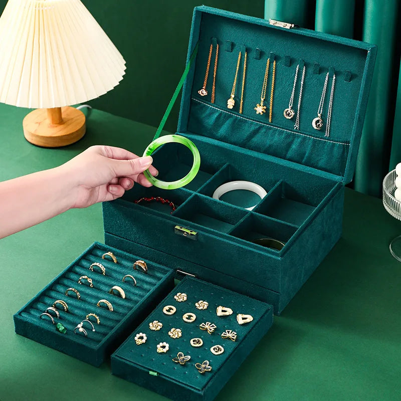 New Vintage Style Green Velvet Jewelry Box Double Lock Storage Box Necklace Earrings and Rings Jewelry Box Large Capacity