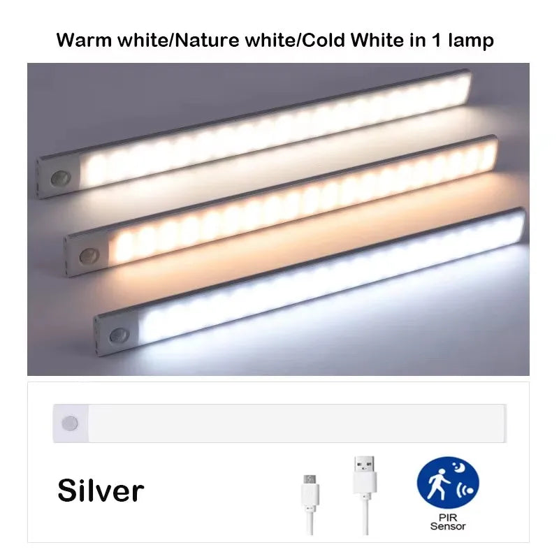 Lampada LED ricaricabile con sensore di movimento, 3 colori per armadi e cucina