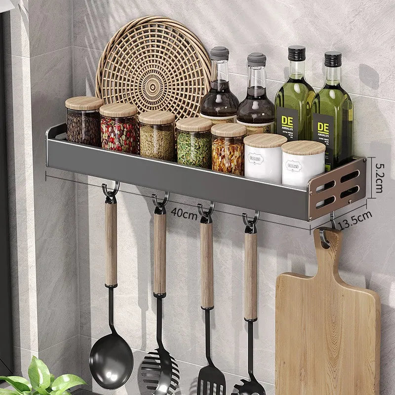 Wall Mount Utensil Holder Multifunctional Spice Organizer Shelf with Hooks Kitchen Hanging Storage Wall Shelf