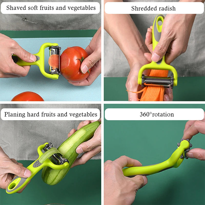 Sbucciatore 3 in 1 Rotante per Frutta e Verdura – Taglio, Julienne e Grattugia