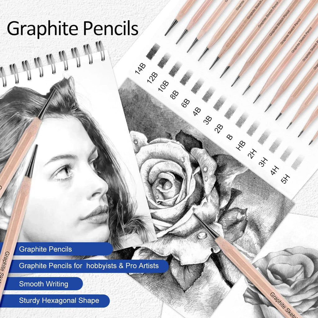 drawing set with sketch pencils, graphite, charcoal, blending tools (14-64 pcs)