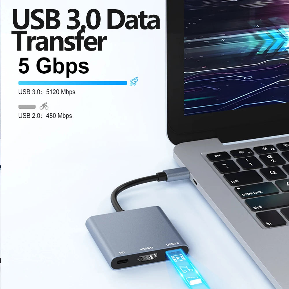 Hub USB‑C 3 in 1 con HDMI 4K 60 Hz, USB 3.0 e Power Delivery 100 W