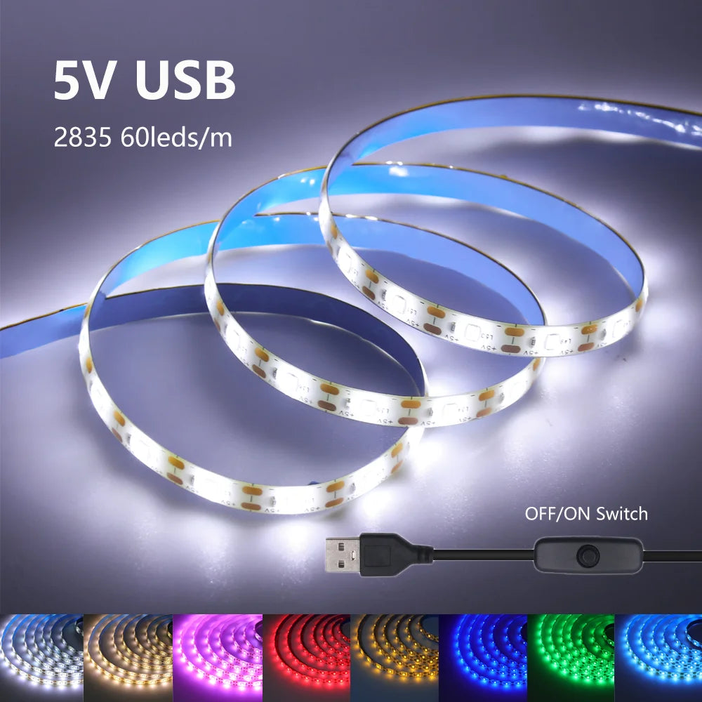Striscia LED USB 5V SMD 2835, 60 LED/m, colori RGB, flessibile, 1‑5 m