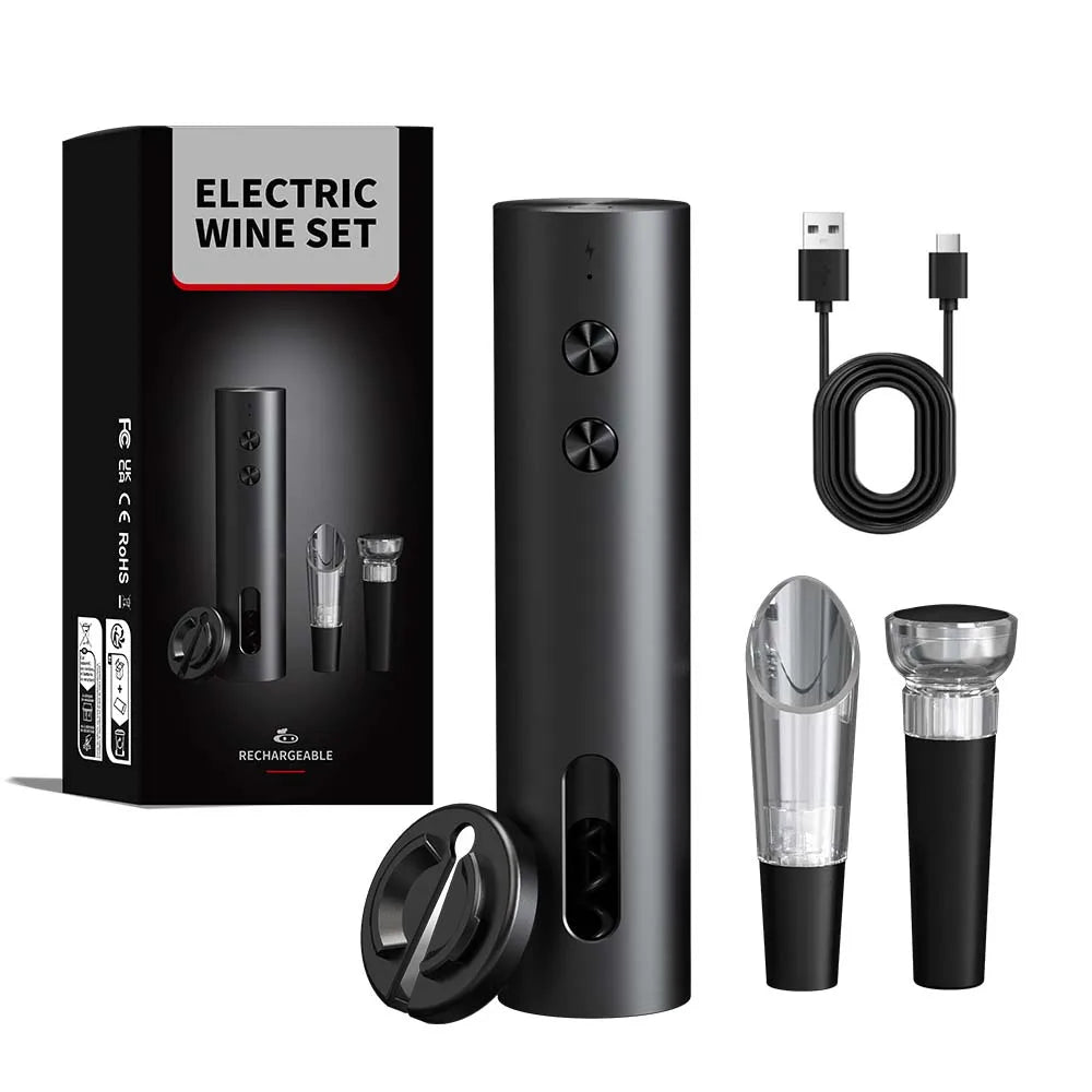 Apribottiglie elettrico 4‑in‑1 ricaricabile USB con fermavino e versatore