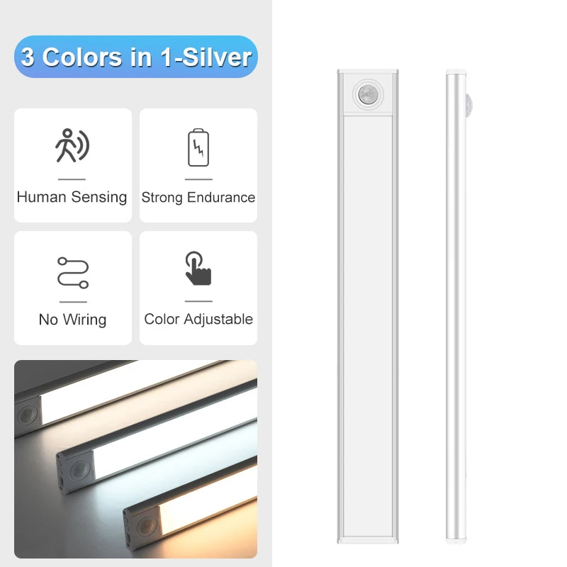 Lampada LED ricaricabile con sensore di movimento, 3 colori per armadi e cucina