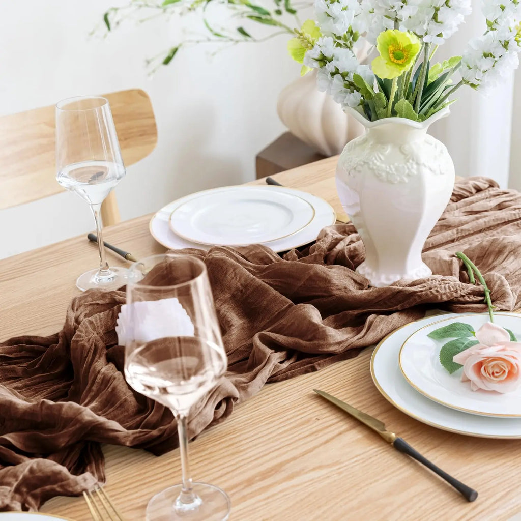 90x300cm Brown Cheesecloth Table Runners Boho Sheer Tablecloth for Wedding Shower Birthday Bridal Party Home Dinning Decoration