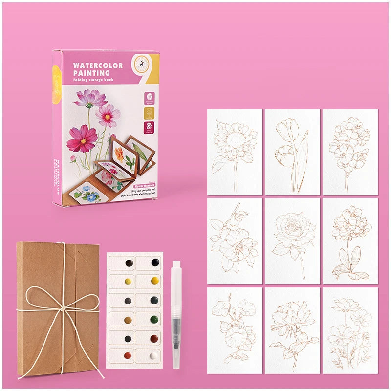 9 Sheets/Set Watercolor Painting Set, Thick Watercolor Folding Storage Book with a Pen, Holiday Birthday Gift, Party Gift